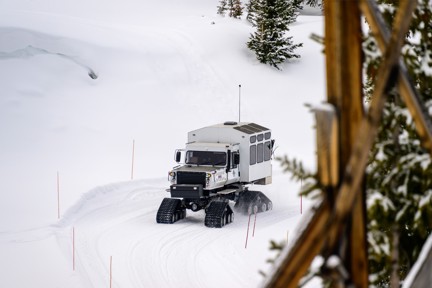 A cats driving through a snowy path.